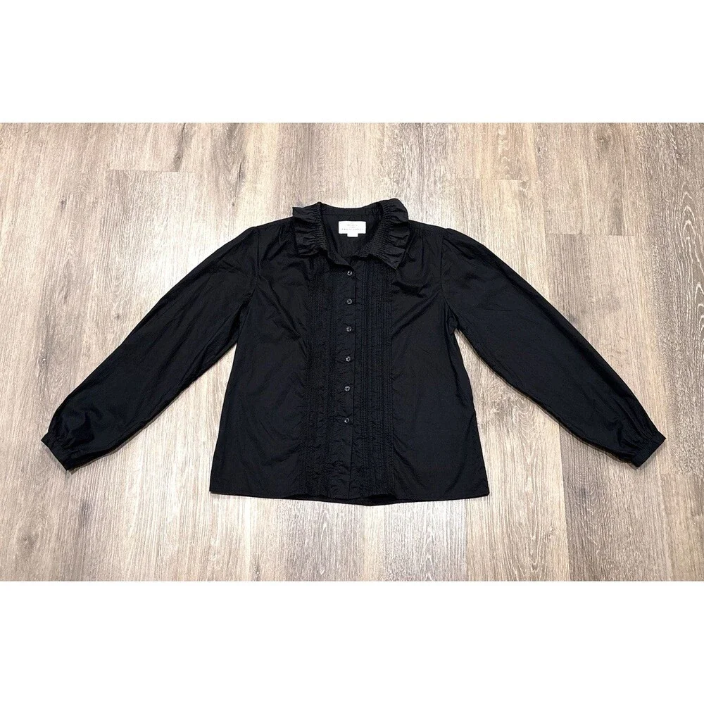 Trovata Birds of Paradis Alise Blouse Black Cotton Pintuck Ruffle Small